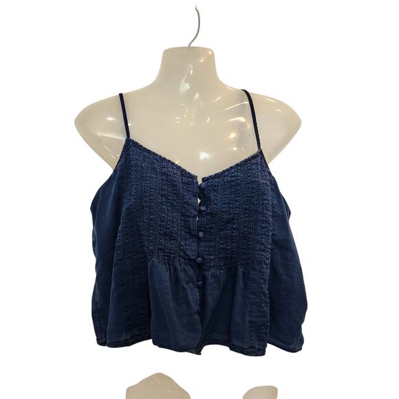 American Eagle Pintuck Sleeveless Boho Button Up Tank Top Navy Blue Medium - Picture 12 of 12